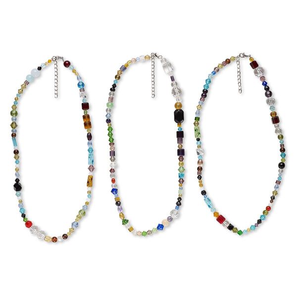 Necklace mix, glass and silver-finished steel, multicolored, 4x4mm-20x12mm mixed shape, 18 inches with 2-inch extender chain and lobster claw clasp. Sold per pkg of 3. image number 0