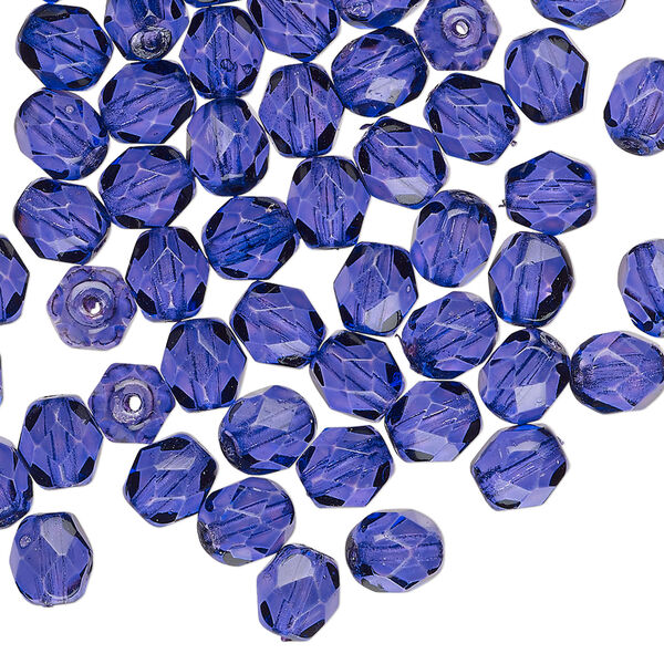 Bead, Czech fire-polished dipped d&eacute;cor glass, translucent cobalt, 6mm faceted round. Sold per 15-1/2" to 16" strand. image number 0