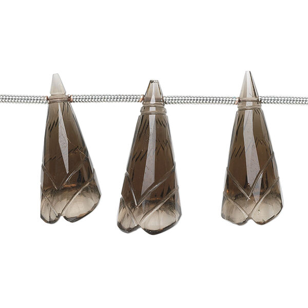 Bead, smoky quartz (heated / irradiated), 18x8mm-24x10mm graduated hand-cut top-drilled carved cone flower, B+ grade, Mohs hardness 7. Sold per pkg of 5 beads. image number 0