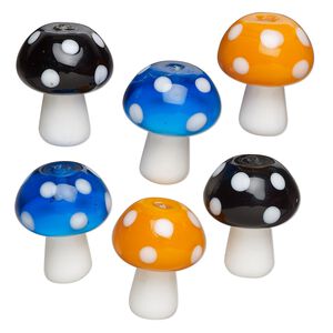Bead assortment, lampworked glass, opaque white and blue / black / orange, 19x14.5mm mushroom. Sold per pkg of 6.