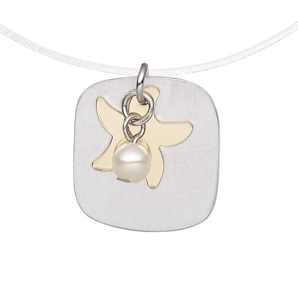 Drop, gold-finished "pewter" (zin-based alloy) and aluminum, white, 23x21.5mm single-sided flat square / 15x14mm brushed flat star / 6mm acrylic pearl with steel jump ring. Sold per pkg of 2. image number 0