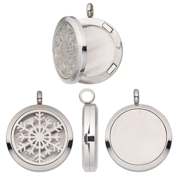 Pendant, stainless steel, 37x30mm single-sided hinged round locket with cutout snowflake and magnetic closure. Sold individually. image number 0