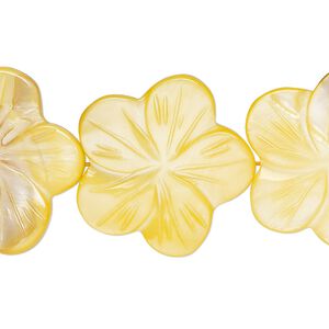 Bead, mother-of-pearl shell (dyed), golden yellow, 24x23mm-26x25mm carved flat flower with 0.6-0.8mm hole, Mohs hardness 3-1/2. Sold per 15-1/2" to 16" strand.
