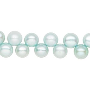 Pearl, cultured freshwater (dyed), teal green, 6-7mm top-drilled flat-sided round with 0.4-0.5mm hole, C- grade, Mohs hardness 2-1/2 to 4. Sold per 14-inch strand.