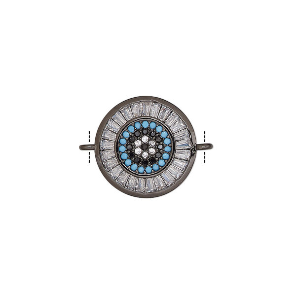 Link, cubic zirconia and black-finished brass, clear / blue / black, 15mm single-sided round. Sold individually. image number 0