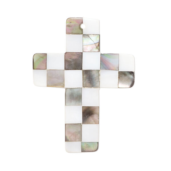 Focal, black lip shell / mother-of-pearl shell / resin (assembled) 1pkg1, 35x26mm-36x27mm top-drilled 1sided cross with checkerboard pattern. image number 0