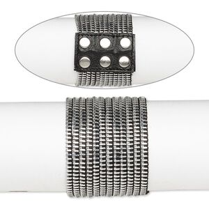 Bracelet, leather (dyed) and silver-plated steel, black, 50mm wide with zipper design, 7 inches with snap closure. Sold individually.