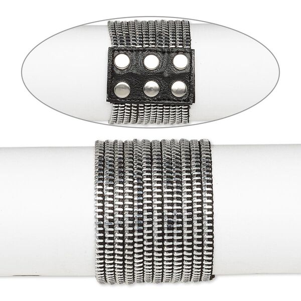 Bracelet, leather (dyed) and silver-plated steel, black, 50mm wide with zipper design, 7 inches with snap closure. Sold individually. image number 0
