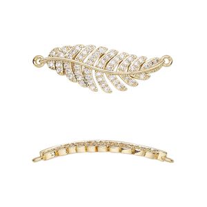 Link, cubic zirconia and gold-finished brass, clear, 26.5x10mm single-sided curved feather. Sold individually.