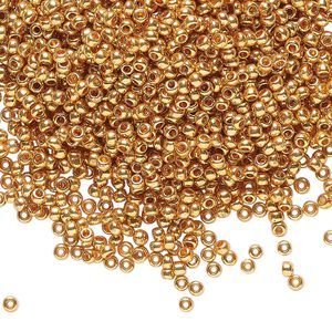 Seed bead, Preciosa Ornela Czech glass, pkg/500g, #11 rocaille, opaque dark gold finish metallic clear, (18389).