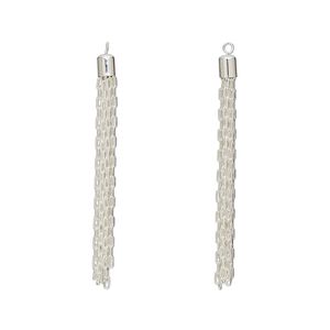 Focal, silver-plated brass, 3 x 1/4 inch tassel with cable chain. Sold per pkg of 2.