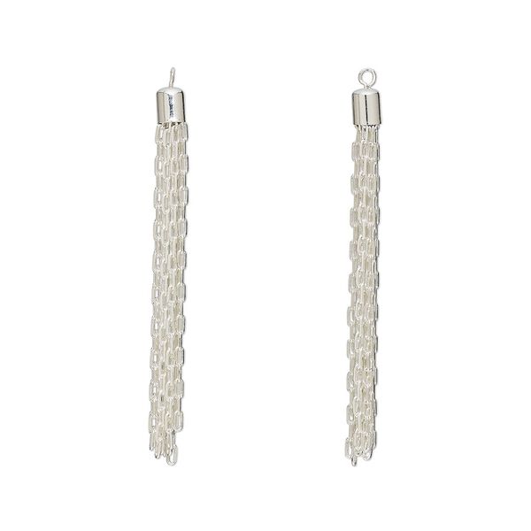 Focal, silver-plated brass, 3 x 1/4 inch tassel with cable chain. Sold per pkg of 2. image number 0