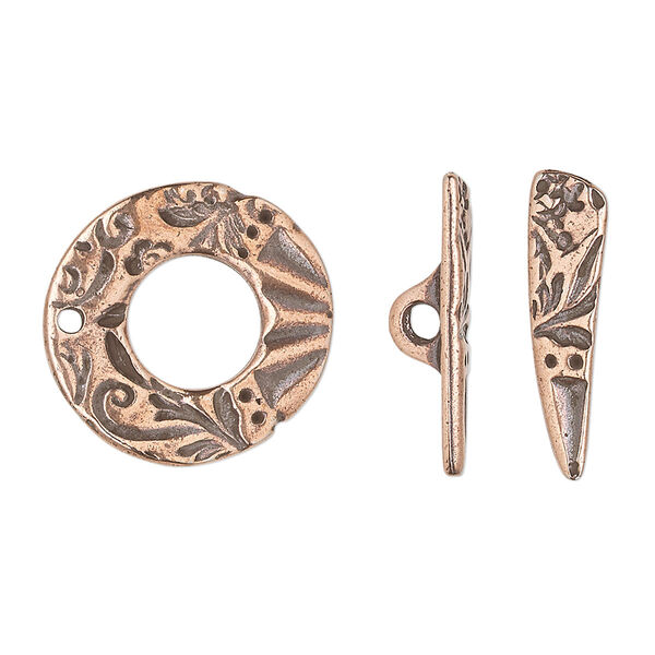Clasp, TierraCast®, toggle, antique copper-plated pewter (tin-based alloy), 19.5x19mm ring with flora and Dulce Vida designs. Sold individually. image number 0