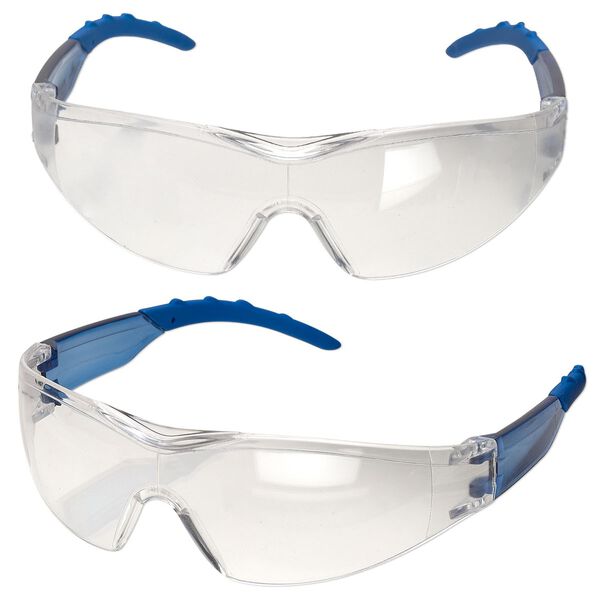 Safety glasses, polycarbonate and nylon, clear and blue, anti-fog and scratch-resistant. Sold individually. image number 0