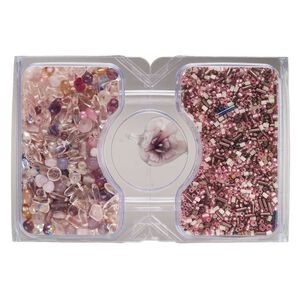 Pendant and bead mix, glass, opaque to transparent multi-pink and multi-red, 30x24mm heart and 15/0 to 10mm mixed shapes. Sold per 100-gram pkg, approximately 2,500 beads.