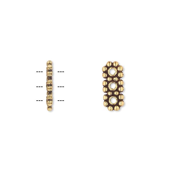 Spacer bar, antique gold-finished "pewter" (zinc-based alloy), 13x6mm 3-strand double-sided rectangle. Sold per pkg of 100. image number 0