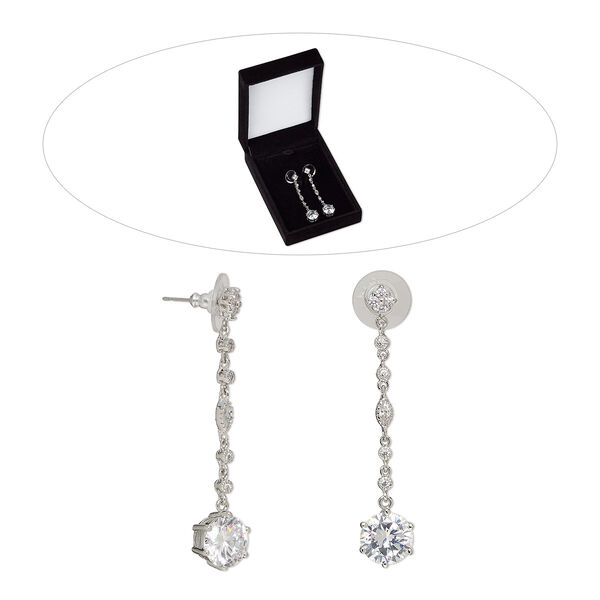 Earring, cubic zirconia / stainless steel / rhodium-finished brass, clear, 2-1/4 inches with post. Sold per pair. image number 0