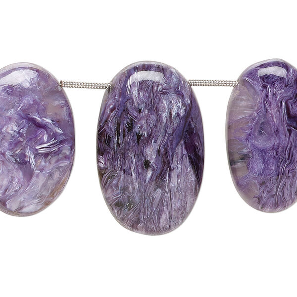 Bead, charoite (natural), 27x16mm-34x20mm graduated hand-cut top-drilled puffed oval with flat back, B grade, Mohs hardness 5 to 6. Sold per pkg of 3. image number 0