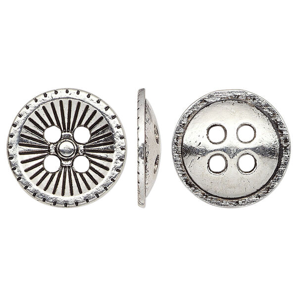 Button, antiqued silver-finished "pewter" (zinc-based alloy), 18mm single-sided corrugated round. Sold per pkg of 20. image number 0