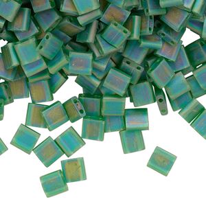 Seed bead, TILA®, glass, pkg/250g, 5mm full tila square, translucent matte rainbow pistachio, (TL-146FR).