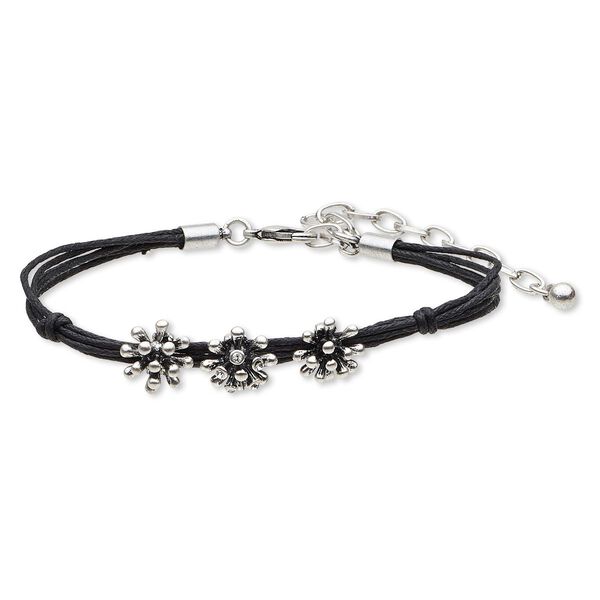 Bracelet, 5-strand, crystals / waxed cotton cord / antique silver-finished steel / brass / "pewter" (zinc-based alloy), black, 4mm wide with 12mm fancy flower, 7-1/2 inches with 3-inch extender chain and lobster claw clasp. image number 0