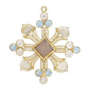 Focal, cubic zirconia / gold-finished sterling silver / lemon quartz and chalcedony (natural / dyed / heated), yellow / blue / clear, 35x34mm single-sided burst. Sold individually.