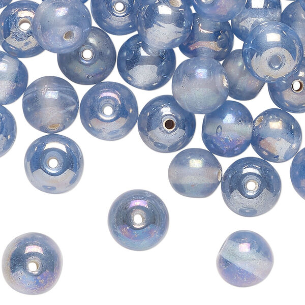Bead, glass, translucent iridescent blue, 8mm round. Sold per 2-ounce pkg, approximately 80 beads. image number 0