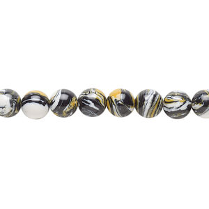 Bead, resin, black / white / dark yellow, 6mm round. Sold per 15-1/2" to 16" strand.