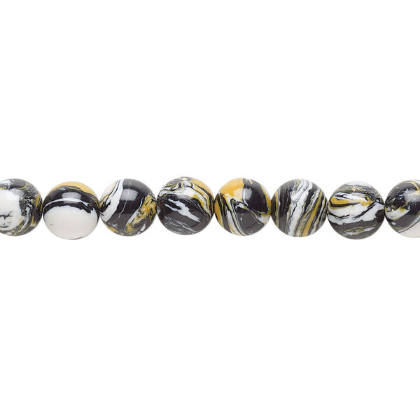 Bead, resin, black / white / dark yellow, 6mm round. Sold per 15-1/2" to 16" strand. image number 0