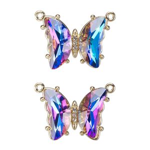 Connector, gold-finished brass, clear bermuda blue, 19x15mm butterfly with closed loop. Sold per pkg of 2.