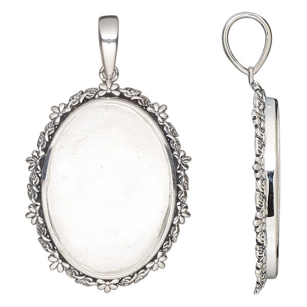 Pendant, antiqued sterling silver, 31x24.5mm oval with flower and leaves design and 25x18mm oval bezel setting. Sold individually. image number 0