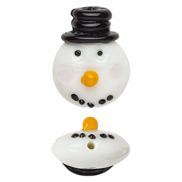 Bead, lampworked glass, opaque white and multicolored, 27x20mm snowman head. Sold individually. image number 0