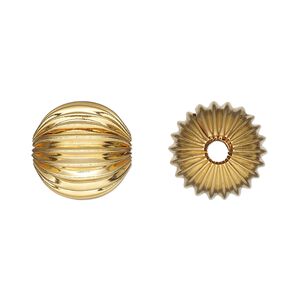 Bead, gold-plated brass, 14mm corrugated round. Sold per pkg of 6.
