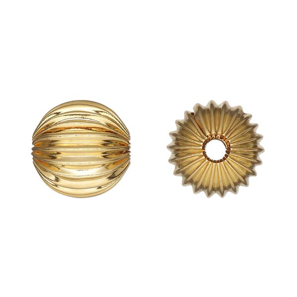 Bead, gold-plated brass, 14mm corrugated round. Sold per pkg of 6. image number 0