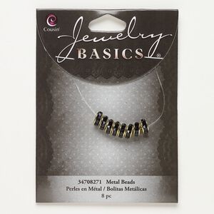 Bead, gold-finished "pewter" (zinc-based alloy) and glass, opaque black, 7x3mm rondelle. Sold per pkg of 8.
