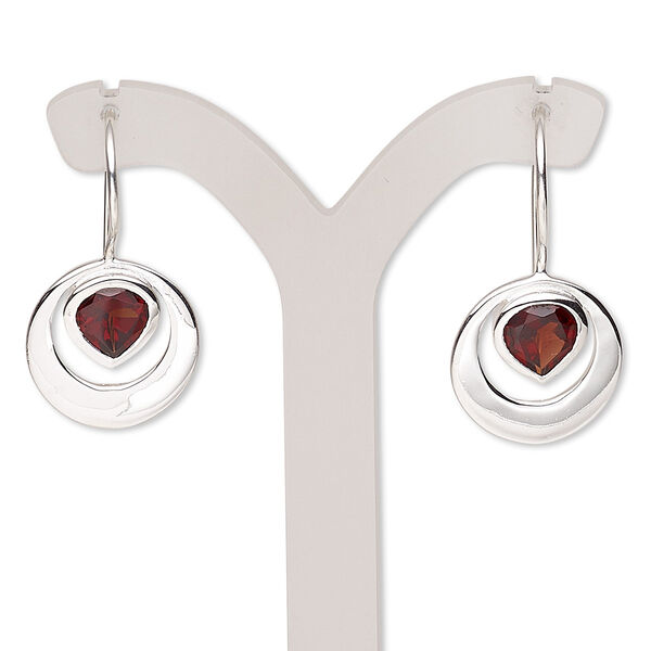 Earring, garnet (natural) and sterling silver, 29mm with 7x7mm faceted teardrop and fishhook ear wire. Sold per pair. image number 0