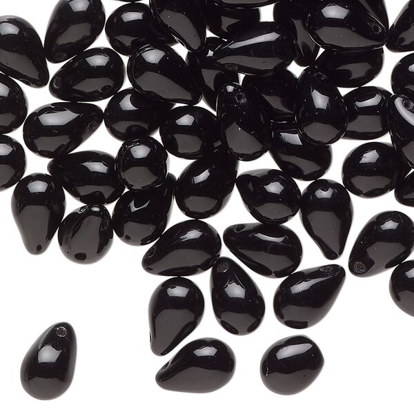 Bead, Czech glass, opaque black, 9x6mm top-drilled teardrop. Sold per 1-ounce pkg, approximately 80 beads. image number 0
