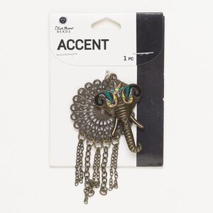 Focal, antique brass-finished steel and enamel, pink and multicolored, 3x1-1/2 inch elephant and scalloped round. Sold individually.