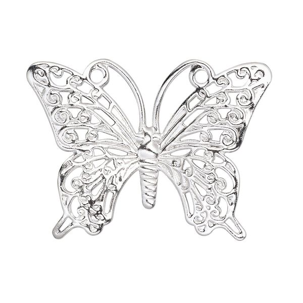 Focal, silver-plated brass, 36x26mm single-sided fancy butterfly. Sold per pkg of 10. image number 0