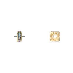 Bead, gold-finished brass and glass rhinestone, multicolored light, 6x3mm squaredelle. Sold per pkg of 10.