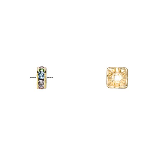 Bead, gold-finished brass and glass rhinestone, multicolored light, 6x3mm squaredelle. Sold per pkg of 10. image number 0