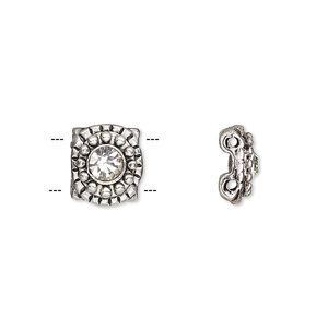 Spacer, glass rhinestone and antique silver-finished "pewter" (zinc-based alloy), clear, 10.5x9.5mm single-sided 2-strand beaded flower, fits up to 6mm bead. Sold per pkg of 6.