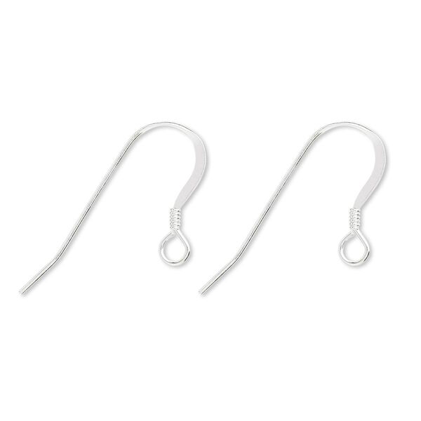 Ear wire, sterling silver, 15mm flat fishhook with 2mm coil and open loop, 22 gauge. Sold per pkg of 5 pairs. image number 0