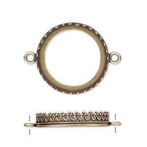 Link, JBB Findings, antiqued brass, 22mm round with open back and decorative trim, 20mm round bezel setting. Sold per pkg of 2.