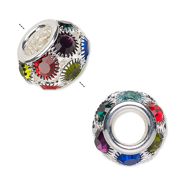 Bead, Egyptian glass rhinestone and silver-plated "pewter" (zinc-based alloy), multicolored, 18x12mm rondelle with 8mm hole. Sold individually. image number 0