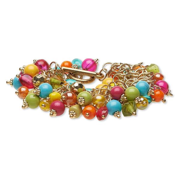 Bracelet, glass / gold-coated plastic / gold-finished steel, multicolored, 25mm wide, 7-1/2 inches with toggle clasp. Sold individually. image number 0