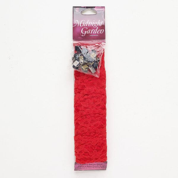 Ribbon and finding assortment 1pkg25 antique gold- / antique brass- / black-finished steel and brass / lace, red, 1 inch flat / 6x5.5mm steel textured ribbon crimp end / 9x4.5mm fold-over cord end. image number 0