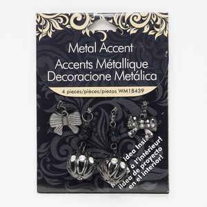 Charm and drop, glass / acrylic / gunmetal-finished steel / "pewter" (zinc-based alloy), clear and black, 16mm single-sided open fluted round and 17x12mm bow. Sold per pkg of 4.