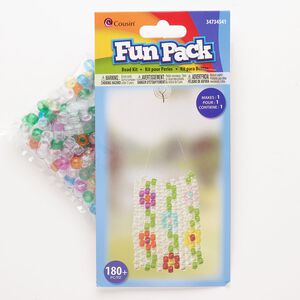 Bead assortment, starter kit, steel and acrylic, pkg/1, 8x6mm pony, antique silver finish and multicolored, flower design.