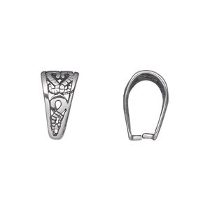 Bail, ice-pick, antiqued sterling silver, 14x8mm double-sided shield with open filigree, 12mm grip length. Sold individually.